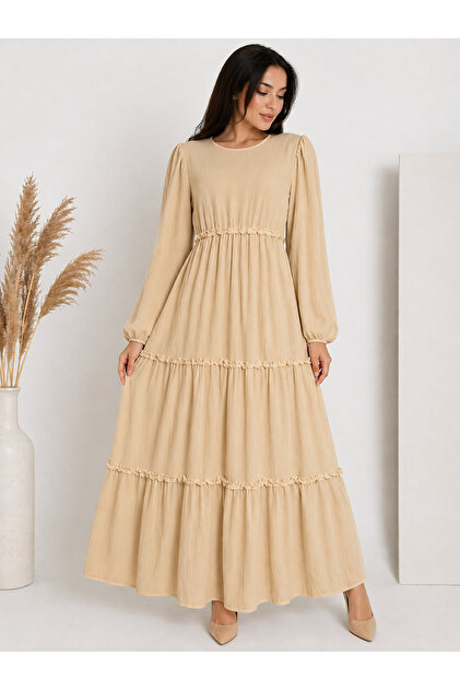 BLUSS Women's Beige Long Sleeve Layered Summer Bohemian Maxi Dress- Trendyol