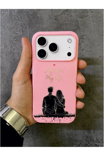 iPhone 17 Pro Compatible Black Color Printed Lover Design Pink Case