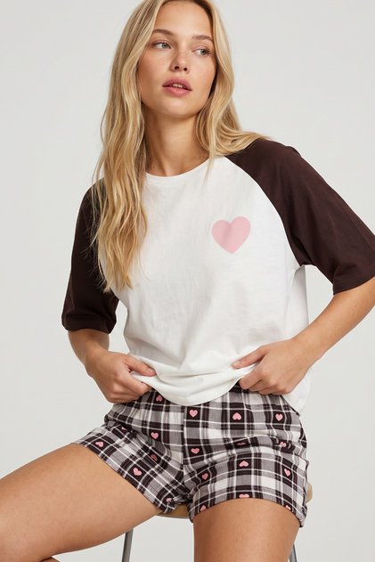 mürdüm ekose desenli Örme Pamuklu Şortlu Pijama Takımı 8029