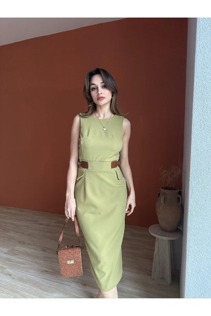 Bisiklet Yaka Deri Garnili Kalem Elbise 5014