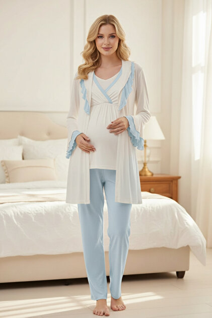 Yeni Sezon Fırfır Yakalı Sabahlıklı Kruvaze Lohusa Pijama Takımı