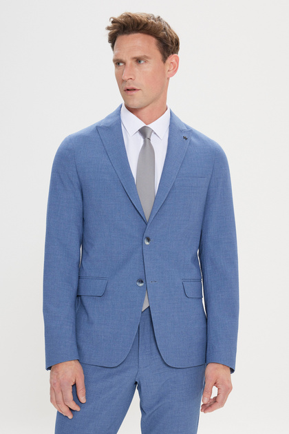Men's Blue Slim Fit Swallow Collar Seersucker Patterned Suit