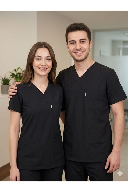 SİYAH SCRUBS TEK ÜST LİKRASIZ ZARF YAKA ALPAKA KUMAŞ HEMŞİRE DOKTOR FORMASI UNİSEX ÜNİFORMA