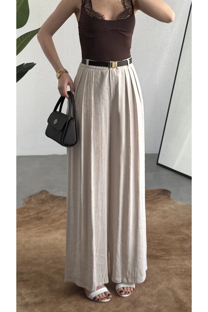 Women's Cream Tencel Modal Fabric Three-Pleated Hidden Pocket Loose-Fit Palazzo Summer Trousers
