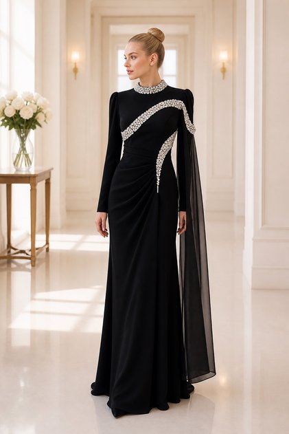 Collar and Chest Stone-Embellished Cape Evening Dress
