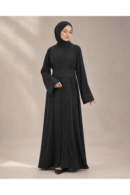 ZENYA Abaya Alara Siyah Nakış İşlemeli Kuşaklı İçlikli Tesettür