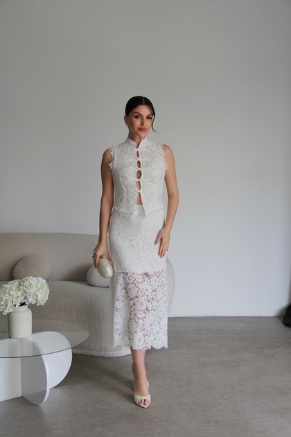Napoleon Button Detailed Vest and Midi Skirt Design White Lace Set