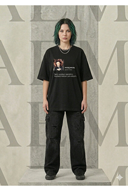 Unisex Şebnem Ferah Printed Oversize Crew Neck Black T-Shirt