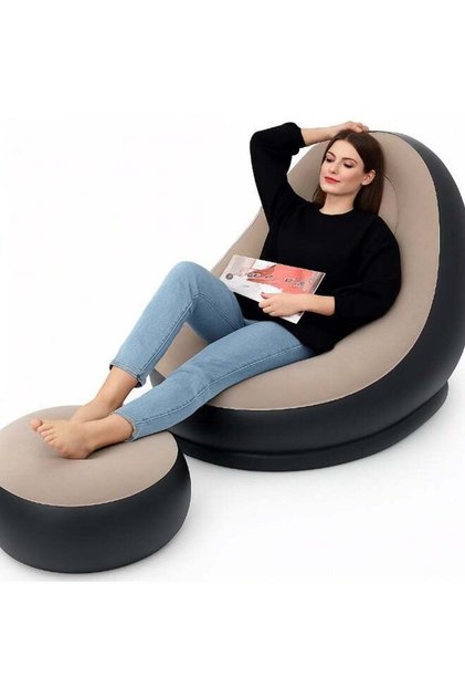 Inflatable Sofa Chair with Ottoman – Comfortable Air Lounge Chair with Footrest | Portable Flocking PVC Recliner