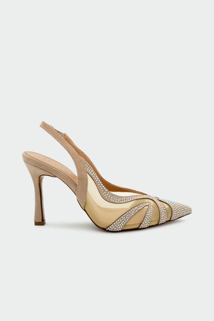 Denz Stoned Transparent Detailed Women's Beige Heeled Shoes