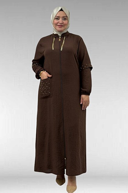56002 Large Size Linen Robe with Stone and Chain Detail - Brown