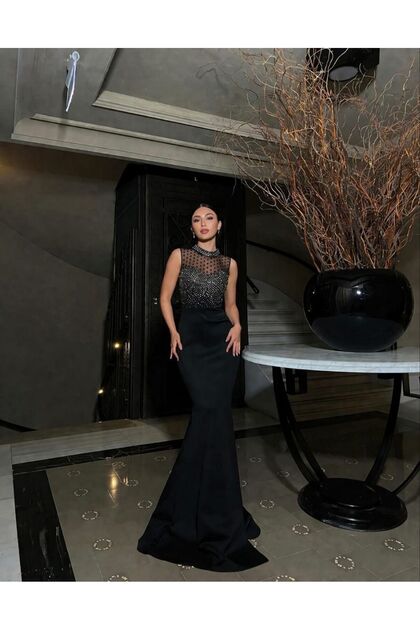 Women's Black Heart Collar Top with Transparent and Stone Detail Scuba Fabric Evening Dress Graduation Dress