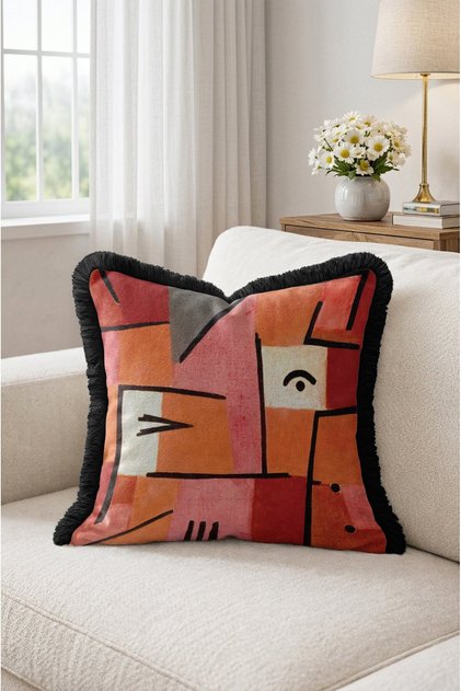 Abstract Cubist Face Pattern Fringed Throw Pillow Cover - Modern Cover with Black Tassels
