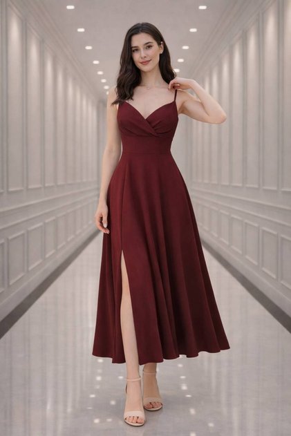 Women's Slit Detail Double Breasted Collar Strap Pleated Flounce Midi Length Evening Dress