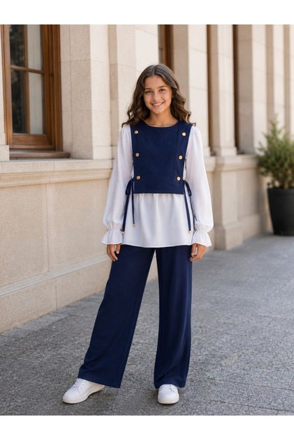 Bayrama Special Girls' 3-Piece Linen Set. Vest, Blouse, Trousers (High Quality and Very Stylish Design)