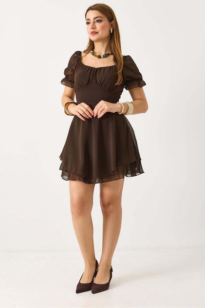 Women's wide collar lined mini dress brown