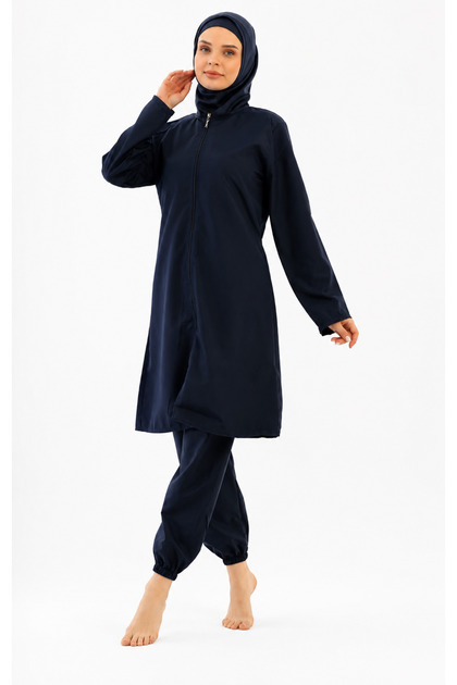 Navy Blue Full Covered Hijab Swimsuit Set, Set of 3 with Zipper and Stretchy Fabric