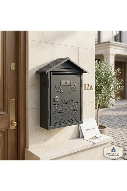 Siyah Çatılı Posta Kutusu Metal Dış Mekan Apartman ve Müstakil Ev Tipi İsimlikli - 31x24x9 cm
