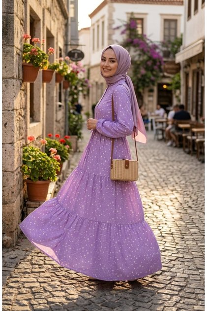 Beli Bağcıklı Puantiyeli Kat Kat Elbise 0283-06 Lila