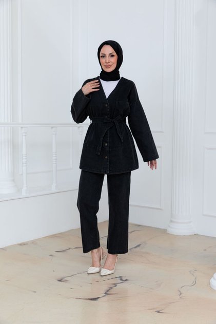 Denim Belted Oversize Trousers Jeans Set