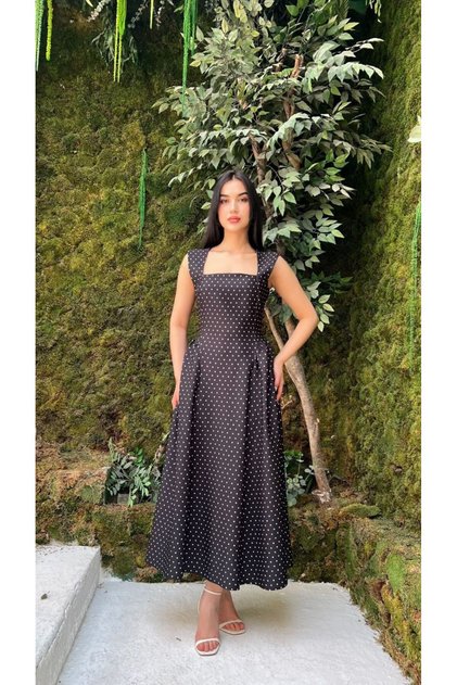 Thick Straps and Ruffles - Black Polka Dot Dress with Lace-Up Back