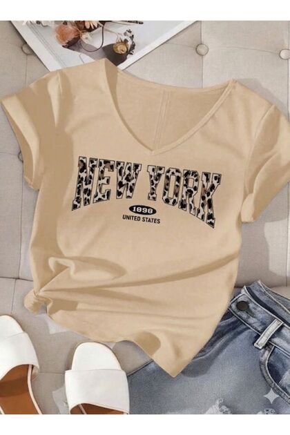 V-Neck Mix Printed Women's T-Shirt