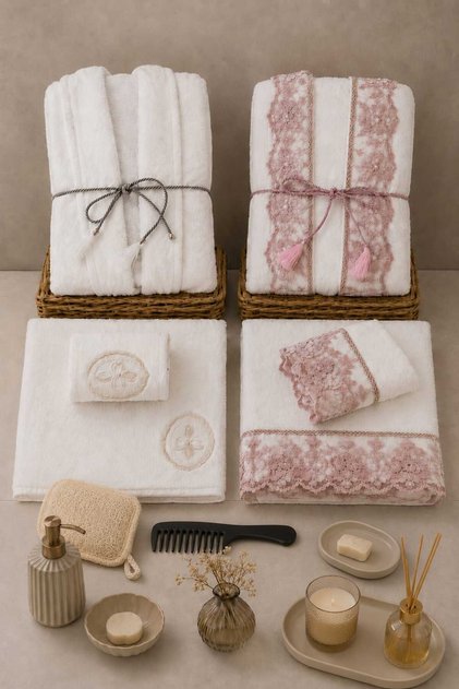 Dream Boxed Jacquard Lace Bathrobe Set | Bathrobe | Towel & Towel Set | Bathroom Dowry Set