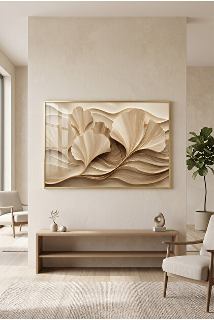 Altın Ginkgo Rüyası - Gerçek Cama Baskı Gold Alüminyum Metal Çerçeveli Tekli Yatay Modern Cam Tablo