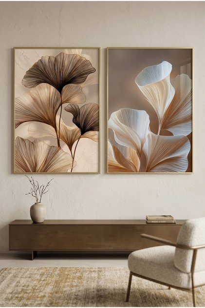 Timeless Ginkgo - Gerçek Cama Baskı Gold Alüminyum Metal Çerçeveli İkili Modern Cam Tablo