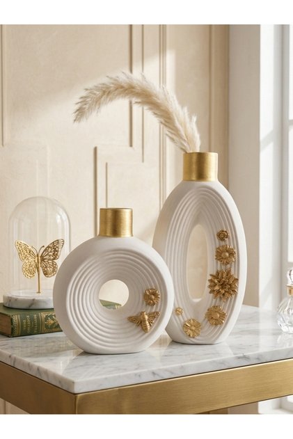 Lüx, Kabartmalı Gold Detaylı Çiçekli Ev, Ofis ve Hediyelik Dekoratif 2" li Vazo Seti