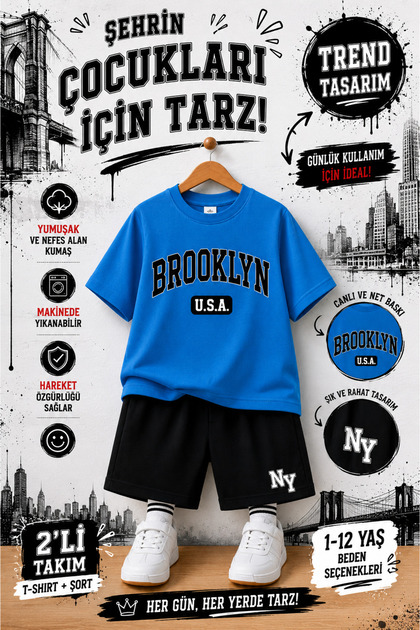 Brooklyn Printed Kids' Set – T-Shirt & Shorts 2-Piece Combination | Trendy Summer Set for Ages 1-12