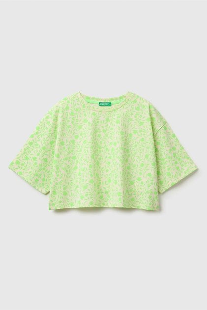 Girl's All-Over Print Detailed Oversize Crop T-Shirt Yellow 6-12 Years