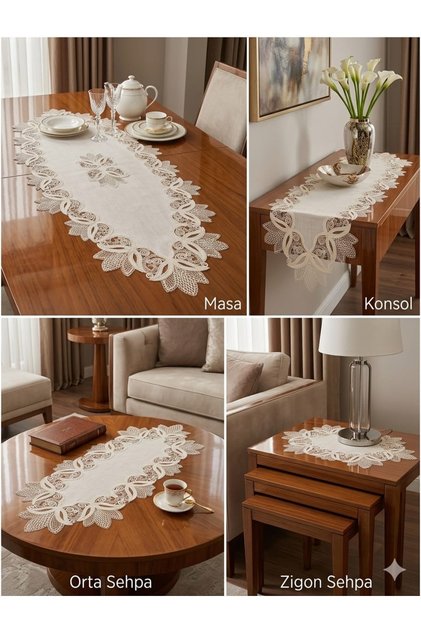 Gardenya Fabric French Lace 5-Piece Living Room Set Linen Look Ecru Runner Coffee Table Cover Set