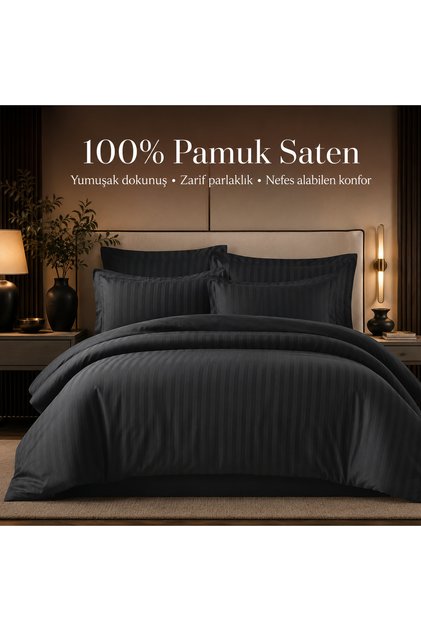 100% Cotton Satin Striped Double Duvet Cover Set - Anthracite