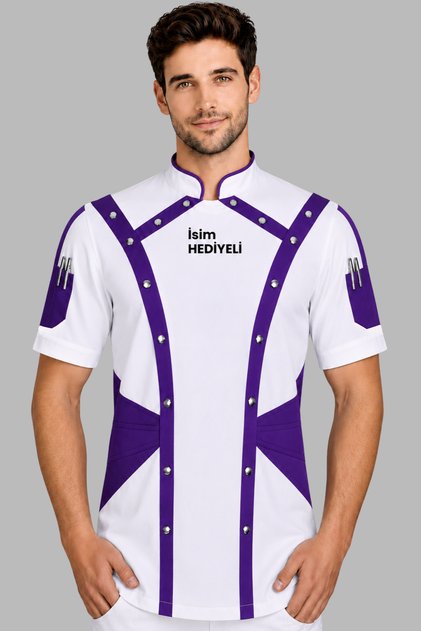 White Purple Short Sleeve Design Summer Cook Jacket with Name Gift Chef Jacket Cook Outfit Cook Uniform