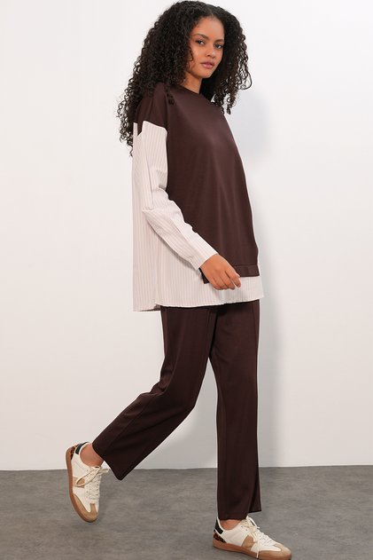 Women's Striped Woven Two-Piece Set - Brown 1120