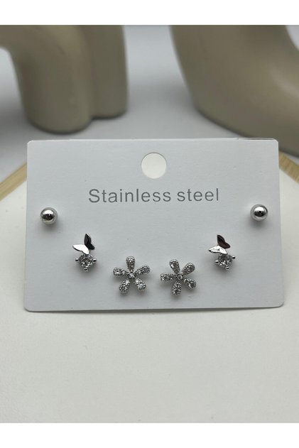 26Clk36 Silver Steel Earring Set with Butterfly and Flower Detail
