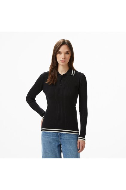 Kadın Siyah Classic Fit Uzun Kollu Polo Yaka T-Shirt