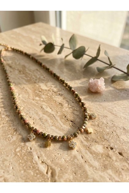 Unakit Natural Stone Zircon Clover Pendant Gold Color Steel Necklace