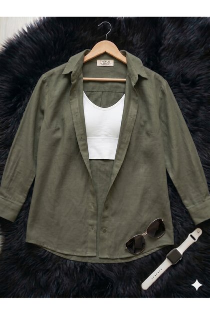 Women's Oversize Cut Woven Linen Long Sleeve Khaki Shirt 100% Cotton