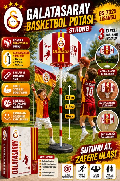 Lisanslı GS-7025 Galatasaray Basketbol Potası Strong - 3 Boyda Farklı Kullanım - Dayanıklı ve Güçlü