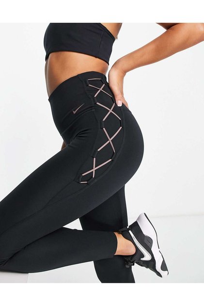 One Women's High-Waisted 7/8 Lace-Up Leggings Yüksek Belli Siyah Kadın Tayt