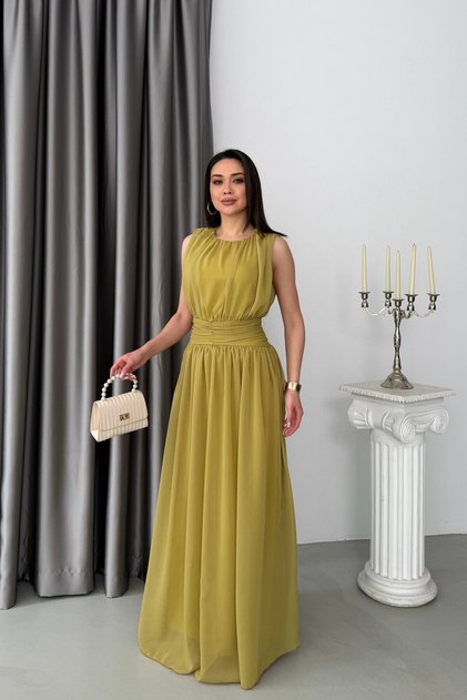 Oil Green Belted Pleated Crew Neck Maxi Chiffon Dress