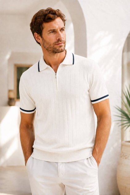 Men's Polyoyaka Zipper Knitwear T-Shirt Summer Short-Sleeve 100% Cotton Basic T-Shirt