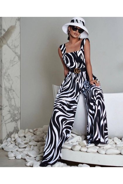 Women's Strappy Square Collar Patterned Beltless Long Single Jersey Jumpsuit