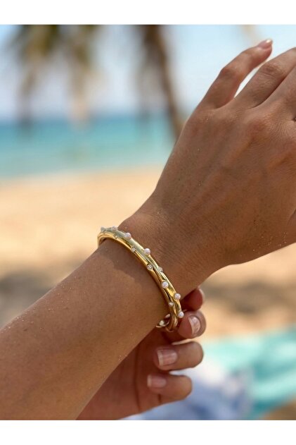 Gold with Pearls and Stones Steel Bracelet (Adjustable)