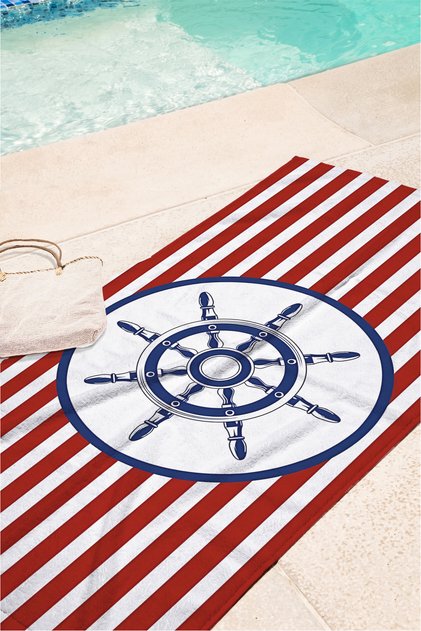 Marine Striped Rudder Beach Towel - Nautical Red White Navy Blue Quick Dry Microfiber Towel