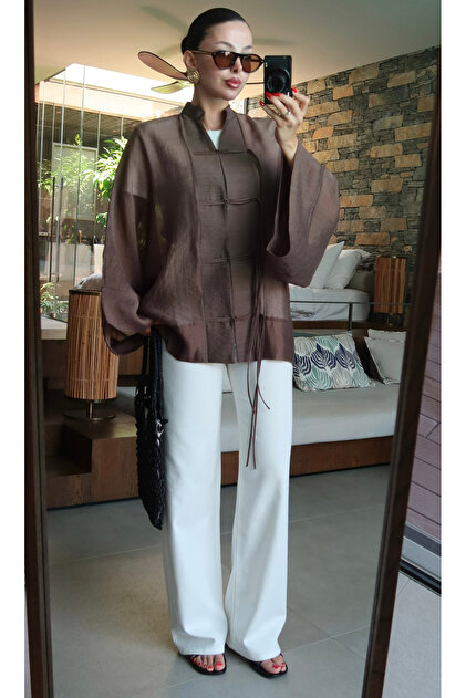 Brown String Lace Transparent Shirt - 5098