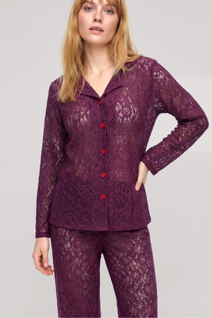 Elegant Lace Embroidered Buttoned Women's Pajama Set – Plum