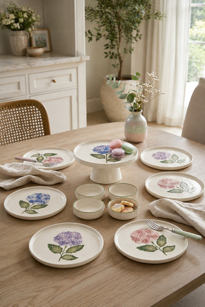 Ortanca 11 Piece Handmade Stackable Ceramic Plate Set for 6 People with Presentation Stand & Breakfast Set